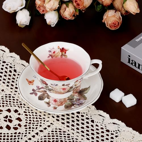 fanquare White Rose Tea Cup and Saucer with Gold Trim, Vintage Bone China Teacup Set with Spoon, 8 oz Coffee Cup for Home Party Gifting | Bone China Tea Cups and Saucers with Gold Trim, Coffee Cup for Home Party Gifting