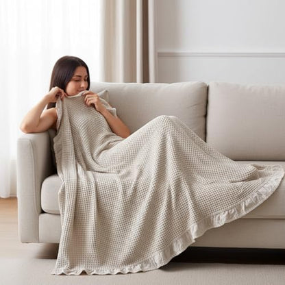 Tegeme Waffle Weave Blanket 43" x 63" 100% Cotton Neutral Boho Farmhouse Woven Knitted Beige Throw with Ruffles Warm Soft Cozy Throw Blanket Decorative Breathable for Couch Bed Sofa