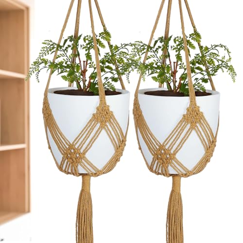 2 Pack Macrame Planter Hanger for 8 inch, Plant Hanger Indoor | Hanging Planter Indoor, Short Macrame Plant Hanger, Boho Plant Hanger, Hanging Plant Holder, Macrame Plant Hanger Indoor - color: Caramel