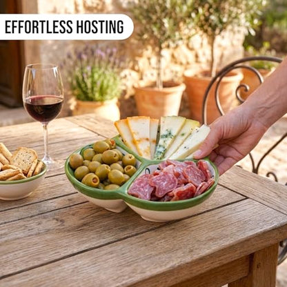 3-Compartment Ceramic Serving Dish, Handmade in Spain | 7.5” divided chip and dip bowl with lead-free glaze, microwave, oven and dishwasher safe, ideal for tapas, snacks and sauces - color: Cactus Green