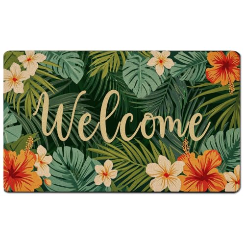 Tropical Monstera Floral Welcome Faux Coir Door Mat 17x30 Inch | Summer Monstera Leaf Doormat for Porch Entrance Entryway, Botanical Flower Outdoor Welcome Mats for Front Door - color: Colour 1