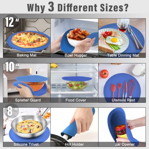 KooMall 12 10 8 Inch Multi-use Microwave Mat, Trivet, Pot Holders, Drying, Baking, Place Mat, Utensils Rest, Silicone Cover Pad for Hot Pot Pans Bowls Plates Dishes Kitchen Counter,Heat Resistant,Blue - color: 12+10+8 Blue