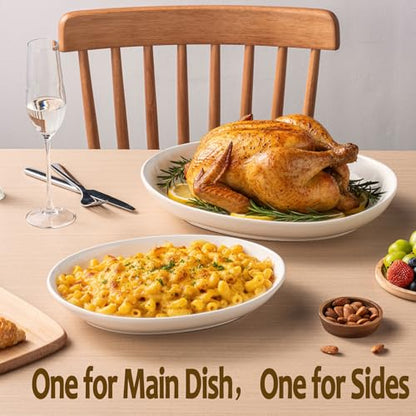 Oval Serving Platters Set of 2 (14" & 12"), Large Wide Ceramic Serving Dishes for Entertaining, Turkey, Fish, Salad, Oven Safe White Porcelain Serving Plates