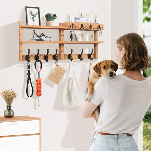 29" Coat Rack Wall Mount with Shelf, Pine Two-Tier Wall Shelf Mounted Coat and Key Hanger with 7 Heavy Duty Hooks 4 Key Hooks, Entryway Key Holder with Mail Holder for Bedroom,Living Room (Wood) - color: Wood Pine