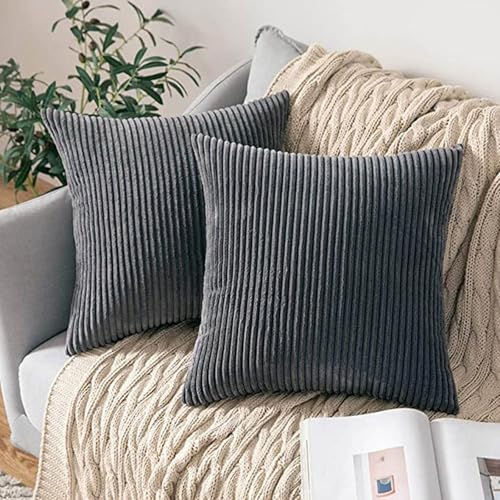 18x18 Throw Pillow Covers Pack of 2, Soft Corduroy Striped Boho Throw Pillow Covers,Cushion Case,Decorative Pillow Covers for Living Room Home Decor Cushion Farmhouse - color: Dark Grey
