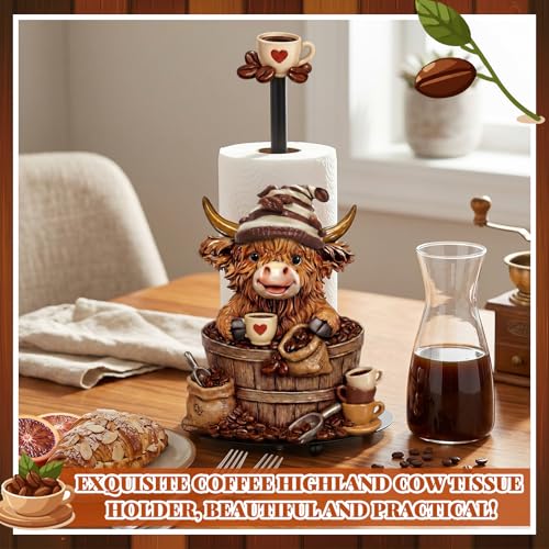 Coffee Beans Highland Cow Paper Towel Holder Coffees Kitchen Decor Farmhouse Metal Highland Cow Bar Accessories Stand with Round Base for Home Bathroom Countertop Toilet Caffee Lover Gifts - style: Coffee Beans