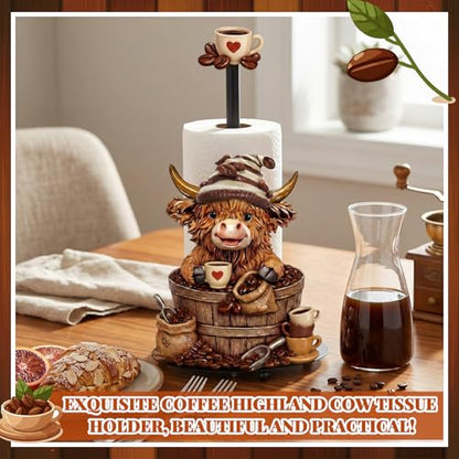 Coffee Beans Highland Cow Paper Towel Holder Coffees Kitchen Decor Farmhouse Metal Highland Cow Bar Accessories Stand with Round Base for Home Bathroom Countertop Toilet Caffee Lover Gifts - style: Coffee Beans