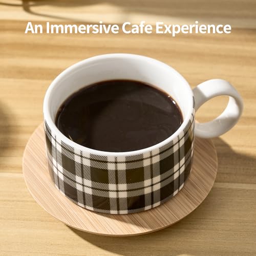 LUKA Porcelain Espresso Cup with Metal Stand,6 Ounce Stackable Ceramic Demitasse Espresso Mugs Cappuccino Cups Set for Latte,Coffee,Cafe Mocha,Tea - Set of 4 (Plaid Red & Gray) - color: Red Black Plaid