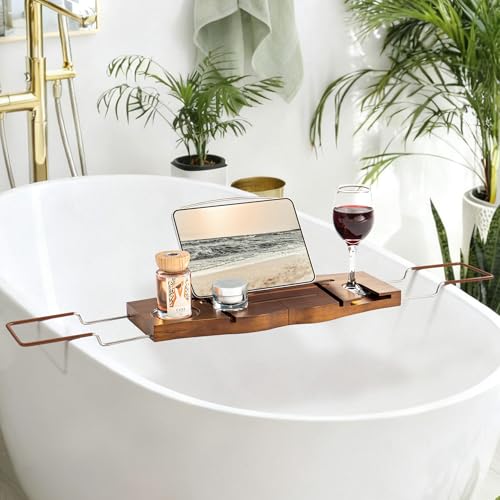 Dream Light Walnut Teak Expandable Bathtub Caddy Tray | Light walnut teak tray, extendable, housewarming gift, bath spa organizer - color: Teak Natural - B, size: Medium