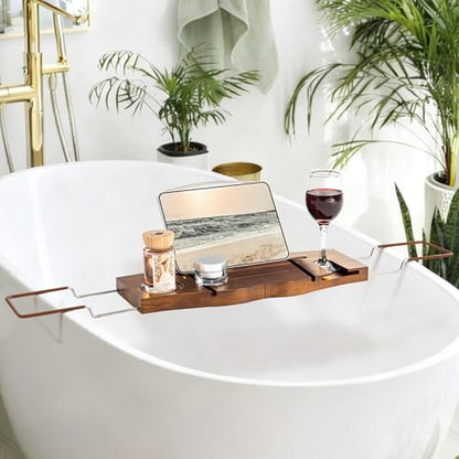 Dream Light Walnut Teak Expandable Bathtub Caddy Tray | Light walnut teak tray, extendable, housewarming gift, bath spa organizer - color: Teak Natural - B, size: Medium