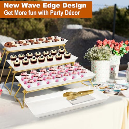 KAQAHIDO Extra Large 4 Tier Serving Tray Set, 34x22x10 inch Wave Edge Melamine Dessert Table Display Set, Tiered Trays Stand for Party Buffet Entertaining, Gold and White - color: Gold