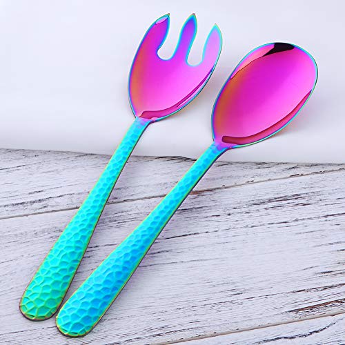 Salad Spoon and Fork Set, 12 Inch Stainless Steel Rainbow Salad Server, Large Serving Utensils, Pack of 2 - color: Rainbow