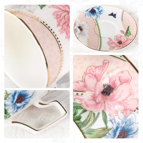 KAMMAK Tea Cups and Saucers Set of 2, Porcelain Coffee Cups, NX045 | Gold Rim, Stackable Espresso Mugs, Ceramic Demitasse for Coffee, Latte, Americano, Afternoon Tea, Elegant Gift for Women - size: 8CZNX045+46