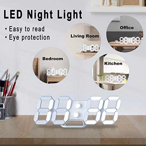 EDUP HOME® 3D LED Digital Wall Clock with Remote Control, 9.7 Inch, White | Desk Alarm Clock with Night Light, Adjustable Brightness, 12/24H, Time, Date & Temperature for Home or Office - color: Cool Lights 9.7" Led Clock + White Design