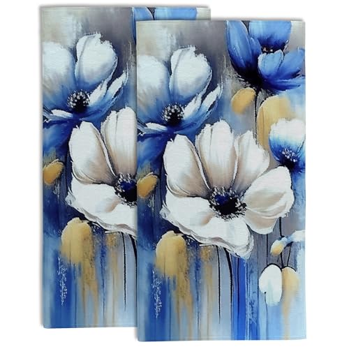 Watercolor White Blue Flowers Hand Towel Set of 2,Abstract Oil Painting Floral Soft Absorbent Decorative Bathroom Kitchen Towel for Bathroom Kitchen Hotel Gym Yoga - color: Color18