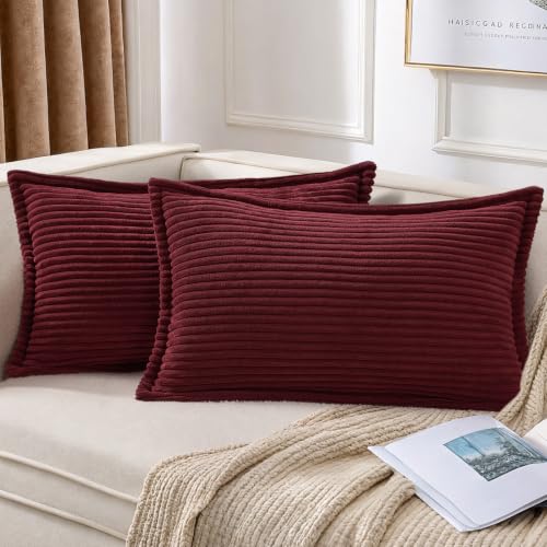 Mecatny Corduroy Decorative Throw Pillow Covers 12x20 Set of 2 Burgundy | Soft Striped Texture, Broadside Design, Neutral Boho Lumbar Pillow Cases for Sofa Couch Living Room Bedroom, Home Décor - color: Burgundy, size: 20" x 12" (Pack of 2)