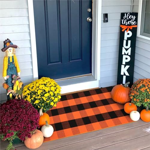 KIMODE Fall Decor Front Door Mat Buffalo Plaid Outdoor Front Porch Rug | Fall Farmhouse Checkered,Orange and Black,24"x51",Washable,Cotton,Thanksgiving Layered Door Mats Outdoor Autumn Holiday Decor - color: Orange/Black, size: 2' x 4'3" (Rectangular)