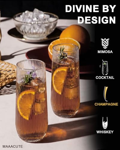 24 Pack Plastic Champagne Flutes, 9 Oz Disposable Wine Mimosa Glasses | Ribbed Stemless Champagne Flutes Cocktail Glasses, Plastic Cups for Bridal Shower Bachelorette Party Mimosa Bar - color: Ripple-24 Pack