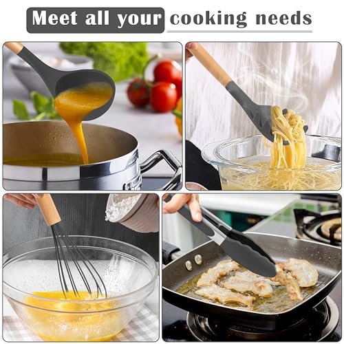 E-far Gray Silicone Cooking Utensils Set, 10-Piece Kitchen Utensils Set with Wooden Handle for Nonstick Cookware, Heat Resistant Kitchen Nonstick Tools Spatula Whisk Tongs Ladle, Non-toxic & Healthy - color: Gray, size: 10