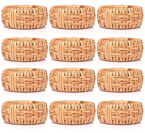 Alpha Living Home Rattan Napkin Rings, Brown, Set of 12 | Natural cane & plastic blend, 2x2x1 in each, boho rustic style, handcrafted, fits various napkin thicknesses - color: Tan, size: 12- Pack