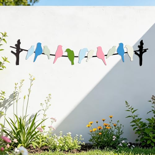 JEWLOVE Large Colorful Birds on Wire Metal Wall Art Set of 2, Garden Decor | Two-piece set overall 32.7"x6.3", vivid multicolor birds, weatherproof metal, for patio, balcony, living room decor. - color: L