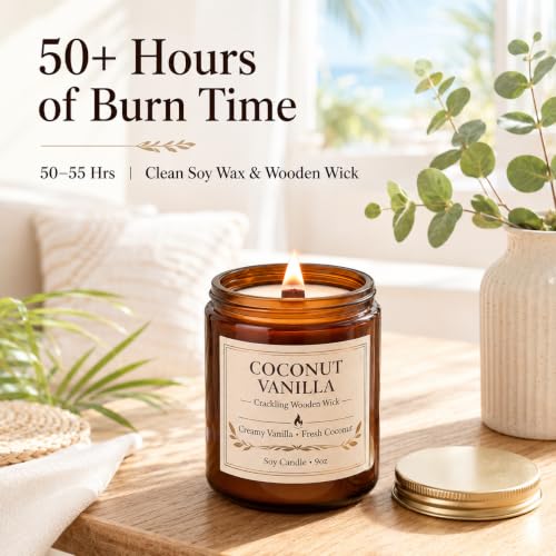 Coconut Vanilla Scented Candles for Home, 9oz Long Burning Soy Candles for Women, Wood Wick Natural Non Toxic Candle Jar, Aromatherapy Candle Gift for Home Bedroom Bathroom Office - color: 1 Pack Coconut Vanilla Candle with Wood Wick