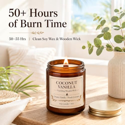 Coconut Vanilla Scented Candles for Home, 9oz Long Burning Soy Candles for Women, Wood Wick Natural Non Toxic Candle Jar, Aromatherapy Candle Gift for Home Bedroom Bathroom Office - color: 1 Pack Coconut Vanilla Candle with Wood Wick