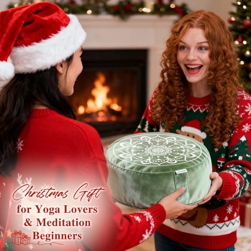 Hihealer Meditation Cushion, Traditional Tibetan Meditation Pillow Velvet Cover - Large Floor Cushion Seating for Adults - Yoga Buckwheat Bolster for Women、Moms - color: Serenity Navy & Green