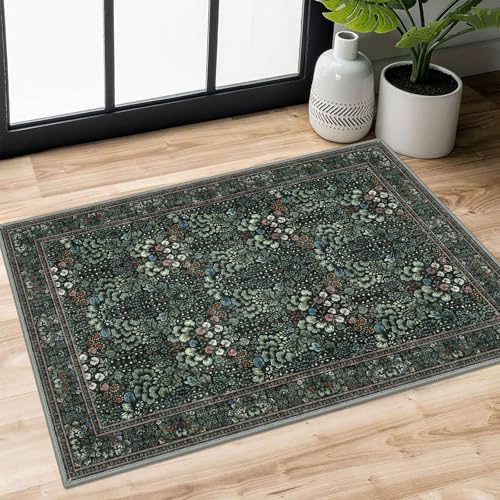 SIILOOM 2x3 Small Washable Area Rug Entryway Door Mat Indoor Kitchen Runner | Dark Green(Modern) Soft Boho Vintage Floral Non Slip Entry Carpet for Entryway Kictchen Front Backdoor Bedside Bedroom - color: Dark Green(modern), size: 2' x 3' (Rectangular)