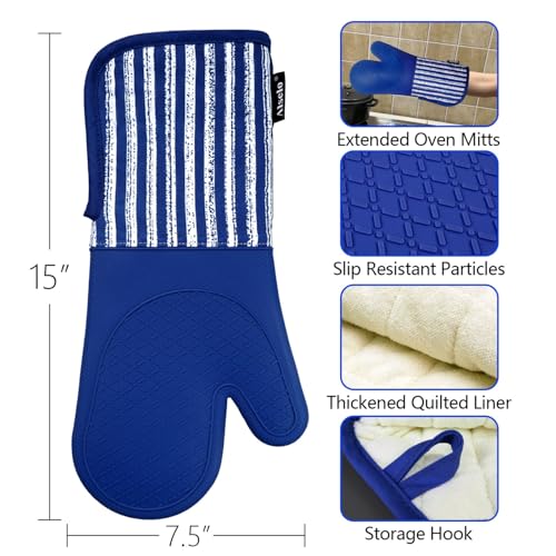 Alselo Silicone Oven Mitts Heat Resistant 932℉ with Waterproof & Non-Slip | Kitchen Mittens Set of 2,Extra Long 7.5"x15" Oven Gloves with Soft Cotton Terry Lining for Baking Cooking BBQ(Cobait Blue,2) - color: Cobait Blue