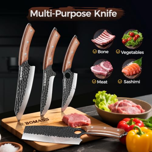 5PCS Butcher Knife Set, Hand Forged Kitchen Chef Knife Set Gift | Meat Cleaver Knife Viking Boning Knife for Home, Outdoor Camping, BBQ, High Carbon Steel Japanese Knives, Gift for Men Father - size: 6.8"