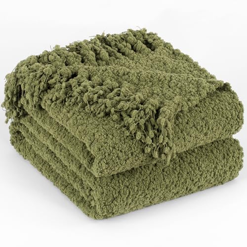 Throw Blanket for Couch, Knitted Throws with Fringe Tassels | Olive Green 50X60 Handmade Feeling Luxury Textured Blankets for Bed Sofa Chunky Knit Soft Farmhouse Boho Decor - color: Olive Green, size: Throw (50"x60")