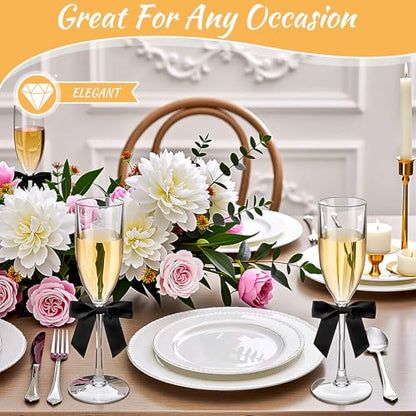 Zopeal Plastic Reusable Champagne Flute Glasses 6 oz and 50 Pcs Bow Set Acrylic Wedding Toasting Goblet 3.5" Bow Unbreakable Wine Cup for Bachelorette Bridal Shower Party(Clear and Black) - color: Clear and Black