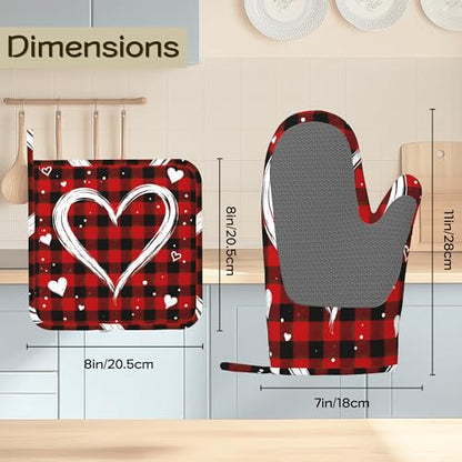 Plaid Love Heart Oven Mitts and Pot Holders Set of 4, Heat Resistant Non Slip Kitchen Gloves Hot Pads, Chef Cooking Baking Gifts for Women Bakers, Kitchen Gifts for Cooking Lover Cooks Mom - color: Plaid Love Heart