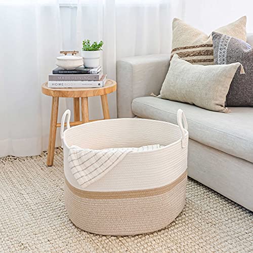 OrganiHaus Round Toy Basket & Blanket Basket, Cotton Rope 20x13" | Striped Honey - Round Cotton Rope Basket, 20x13" - color: Striped Honey, size: Wide