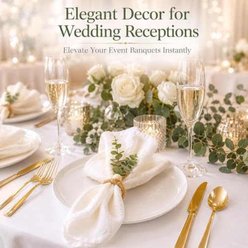 Cloth Napkins and Napkin Rings Set of 6 for Table Decoration | 6PCS White Napkins with 6PCS Boho Green Artificial Leaf Napkin Rings for Wedding Party Dinner Family Gathering Birthday