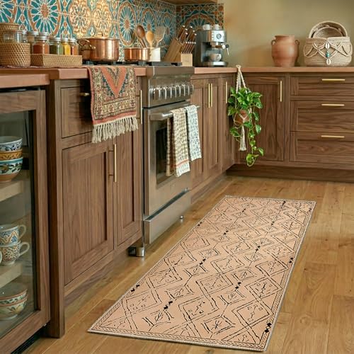 jinchan 2x5 Faux Jute Runner Rug Washable Moroccan Hallway Rug, Warm Taupe | Neutral Boho Geometric, Non-Slip Low Pile, Indoor Outdoor, High-Traffic, Kitchen, Bathroom, Laundry, Porch, Balcony, Entryway - color: Warm Taupe, size: 2' x 5' (Rectangular)