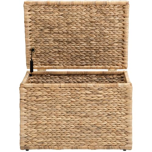 Storage Trunk with Metal Frame, Natural, 23.3 by 16.5 by 15.2 Inches | Safety Hinge, Heavy-duty Wicker Chest, Handwoven Water Hyacinth - color: Natural (Hyacinth), size: 23.3" x 16.5"