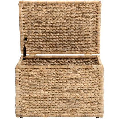 Storage Trunk with Metal Frame, Natural, 23.3 by 16.5 by 15.2 Inches | Safety Hinge, Heavy-duty Wicker Chest, Handwoven Water Hyacinth - color: Natural (Hyacinth), size: 23.3" x 16.5"