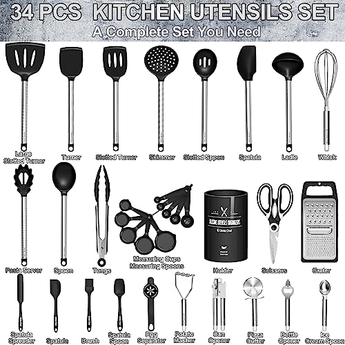 Umite Chef Thickened Kitchen Utensils Set- Silicone Cooking Utensils Set for Nonstick Cookware-Silicone Spatulas Set, Heavy Duty Stainless Steel Handle-Black Kitchen Gadgets Tools Set - color: Black