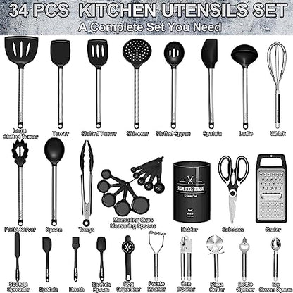 Umite Chef Thickened Kitchen Utensils Set- Silicone Cooking Utensils Set for Nonstick Cookware-Silicone Spatulas Set, Heavy Duty Stainless Steel Handle-Black Kitchen Gadgets Tools Set - color: Black