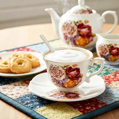 Pumtus Tea Cups and Saucers Set of 6, 8 OZ Vintage Ceramic Teacups with Spoon, Floral Rose British Coffee Mug, Elegant Bone China Cup Gift Set for Cappuccino, Espresso, Latte, Afternoon Tea Party