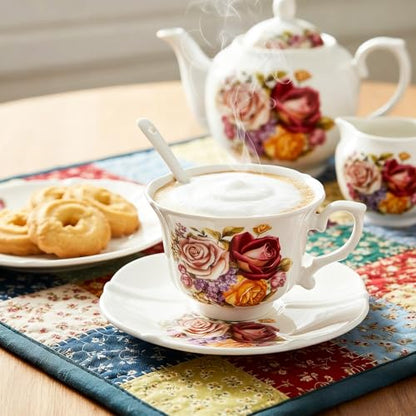 Pumtus Tea Cups and Saucers Set of 6, 8 OZ Vintage Ceramic Teacups with Spoon, Floral Rose British Coffee Mug, Elegant Bone China Cup Gift Set for Cappuccino, Espresso, Latte, Afternoon Tea Party