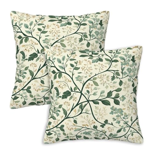 Green Botanical Throw Pillow Covers 18x18 Set of 2, Vine Leaf Decorative Cushion Covers for Living Room Outdoor Patio, Cream Cottage Garden Home Decor for Couch Sofa Bed - color: Green Leaf