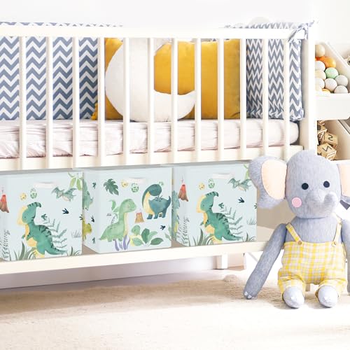 Clastyle 11.8" Dinosaur Storage Basket Set of 3 for Kid Boy Toy Clothes Bin | Collapsible Fabric Book Bin, Metal Frame Bottom Board, Cube Organizer, Closet Nursery Pantry Shelf Bedroom, Green Volcano - color: Volcanoes
