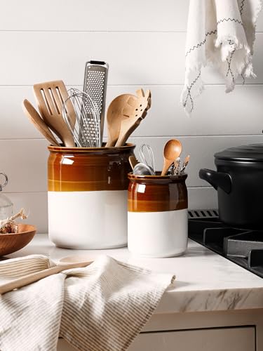 LE TAUCI Kitchen Utensil Holder for Countertop, Ceramic Utensil Crock Set of 2, Rustic Brown Holder for Spatulas, Spoons and Ladles, Large Farmhouse Kitchen Counter Decor, Brown and White, 7.2" & 5.4"