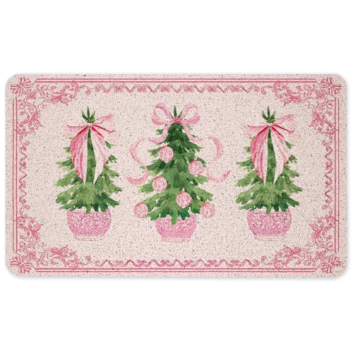 Pink Chinoiserie Christmas Tree Door Mat, Coquette Pink Bow Xmas Tree Doormat for Front Door Indoor Outdoor Entrance Porch, Grandmillennial Christmas Welcome Mat Outside, 17x30 Inches - color: Pink Christmas