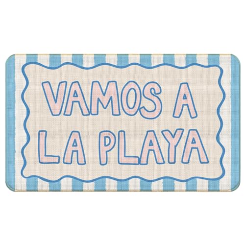 Chicimln Trendy Coastal Door Mat, Summer Beach Non-Slip Linen Doormat Outdoor Indoor Entrance, Vamos A La Playa Blue Striped Welcome Mats Rugs for Entryway Front Door Porch, 17x30 Inch - color: Coast Beach