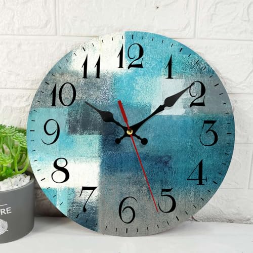 Round Wall Clock Silent Non-Ticking 10" Abstract Turquoise | Wooden Teal Aqua Battery Operated Clock Home Decor for Living Room, Kitchen, Bedroom, and Office - color: Modern Vintage Style42