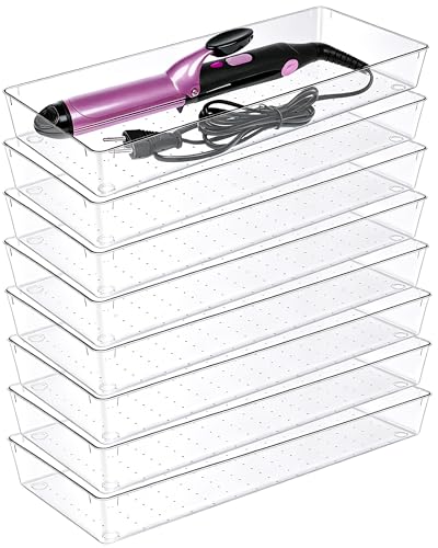Manalete 8 Pcs Large Clear Plastic Drawer Organizer,15"x6" Vanity Organizer | Durable Clear PET Storage Bins Tray for Desk, Makeup, Kitchen & Bathroom, Office, Tools, Easy Clean, Stackable, BPA-Free - size: 8 Pack 15"×6"